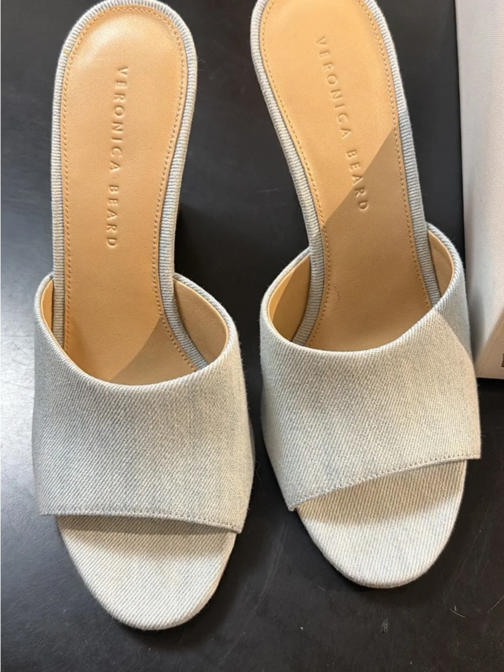 Veronica Beard Light Blue Denim Cork Wedge Mules